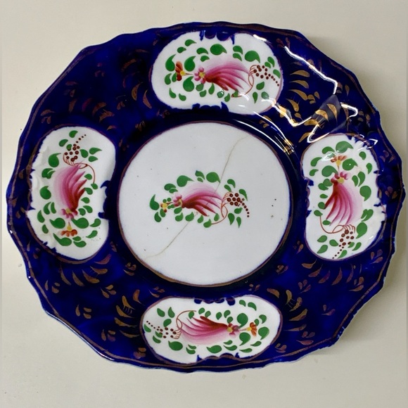 19th Century Vintage Gaudy Welsh Feather Pattern Square Scalloped Plate - Picture 4 of 11